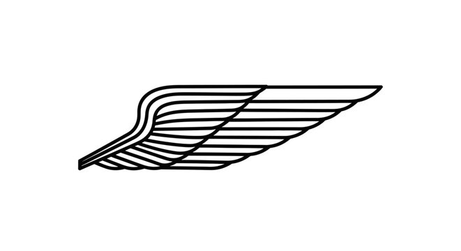 A minimalist black and white graphic illustration of a stylized single wing, depicted with multiple parallel lines suggesting feathers or speed, on a plain white background.