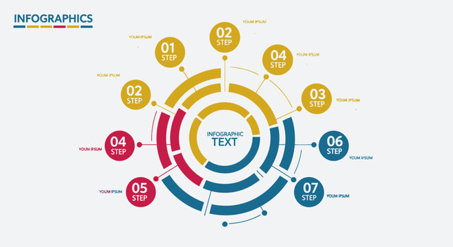 Circular infographic template with 7 steps and segmented rings for process visualization and data presentation.