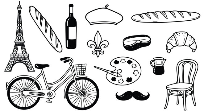 Iconic Parisian symbols including Eiffel Tower, bicycle, bread, wine, beret, and art palette evoke French culture and lifestyle