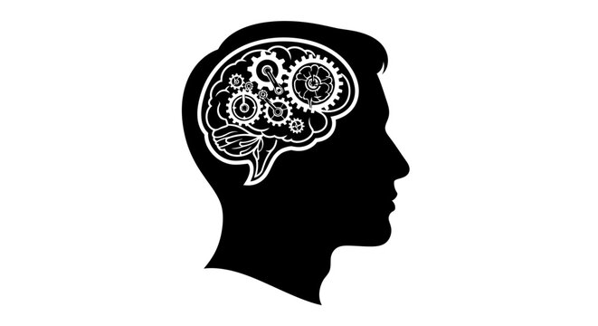 Silhouette of a human head with intricate gears and cogs inside the brain, symbolizing thought, intelligence, and mechanical thinking process.