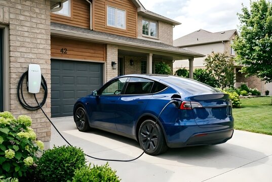 Blue Electric Vehicle Charging in a Home Driveway