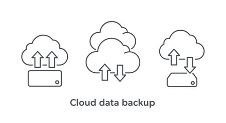 Obraz premium Line art icons illustrating cloud data backup, upload, download, and synchronization processes with servers and multiple clouds.