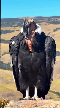 Andean condor preening feathers on rocky cliffside