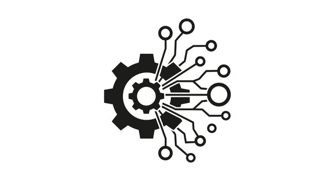 Digital gear icon representing the integration of mechanical engineering with advanced technology and data processing for modern industrial systems.