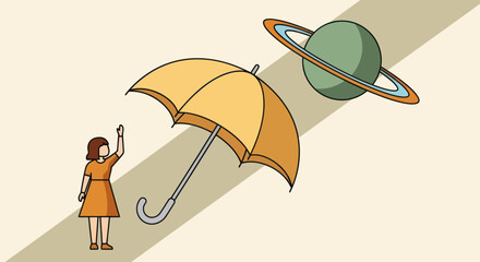 Woman holding umbrella towards planet Saturn. © Heroes