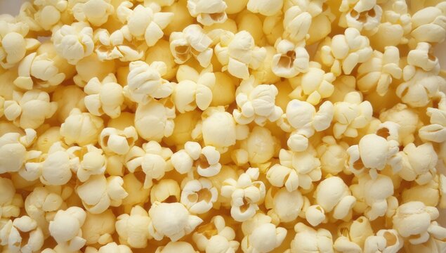 Close-up view of freshly popped popcorn kernels scattered on a white surface, showcasing various shapes and textures of the snack food