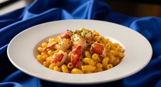 Delicious lobster mac and cheese on a white plate with blue cloth