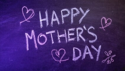 Happy Mother's Day message written in colorful chalk on a dark chalkboard background with decorative hearts and playful designs surrounding the text