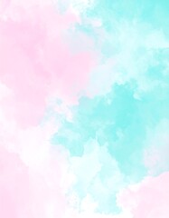 An abstract watercolor painting featuring soft, pastel-colored blotches of pink and teal on a white background. The blended colors create a dreamy, ethereal effect