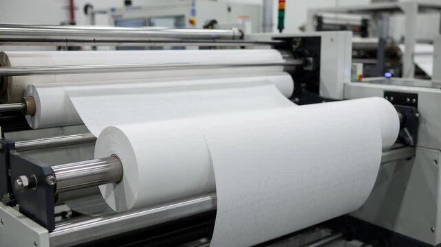 Medium shot of a machine converting large white parent rolls into perforated paper towel sheets with smooth texture and clean edges.