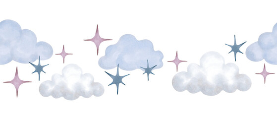 Seamless childrens border with clouds, stars in pastel color. Watercolor illustration. Hand drawn isolated art. Cartoon children sketch for decorating the walls of a girl, boy nursery, greeting card.