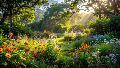 Garden of Blooms: A vibrant garden bursts with an array of colorful wildflowers, under a canopy of lush greenery, the sunlight filtering through the trees, creating a scene of natural beauty.