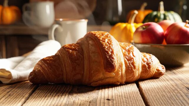 Delicious Croissant on Wooden Table with Autumnal Background.
