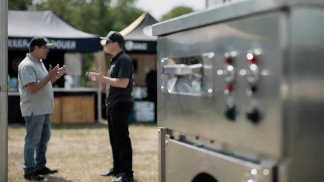 Close medium shot on mobile dishwashing trailer in standby mode clear focus on control panel with blurred crew members and vendor stalls.