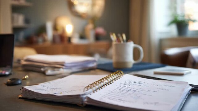 Close medium shot of an adult learners home office desk with a detailed planner open emphasizing focused task lists as rest of the desk fades into a gentle blur.