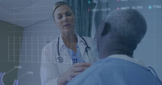 Woman doctor wearing stethoscope examining patient, showing medical digital charts and graphs