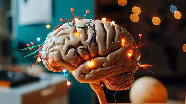 AI generated video of brain model neural science research electrode probe brain computer interface biotechnology lab scene