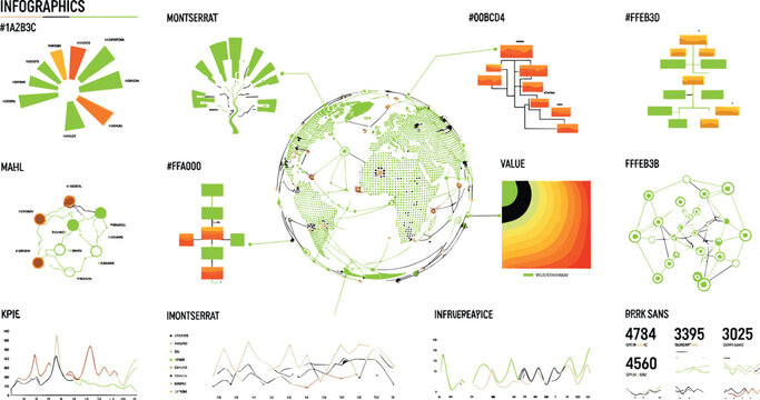 Global business analytics infographic dashboard vector with world map charts KPI metrics network diagrams and data visualization elements for corporate strategy reporting