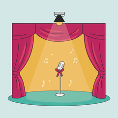 Vintage Microphone on Stage with Red Curtains and Music Notes