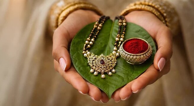 Indian bride hands holding mangalsutra and sindoor on green leaf during wedding ritual ideal for bridal jewelry advertisement tradition concept and cultural ceremony marketing