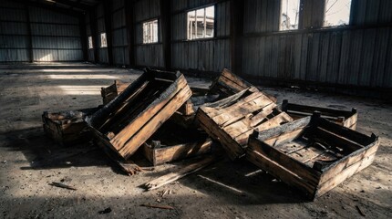 Charred Wooden Crates Pile in Abandoned Industrial Warehouse After Fire