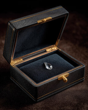 Diamond's Gentle Embrace: A solitary diamond nestles luxuriously within an antique, leather-bound case, radiating an inner light on a dark velvet interior, highlighting its singular elegance.