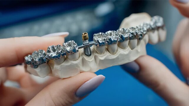 Closeup of hands assembling a titanium fullarch implant bridge on a dental model with a metal framework showcasing precise alignment with a blurred background.