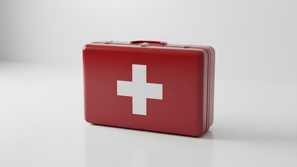 Obraz premium Red first aid kit with white cross on light background. Medical emergency equipment for healthcare and help.