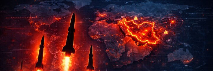 Obraz premium Ballistic missiles launching toward glowing map of Iran on world map background. Dramatic wide website banner about military escalation, missile strike and geopolitical tension.