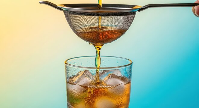 Preparing a refreshing, clear beverage by pouring steeped liquid through a stainless steel fine mesh strainer into a tall drinking glass, glass, cocktail, Strainer