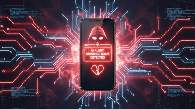 AI alert romance scam detected smartphone screen with hooded hacker icon and broken heart symbol, neon warning sign and red cyber circuit background conveying digital fraud danger and online security