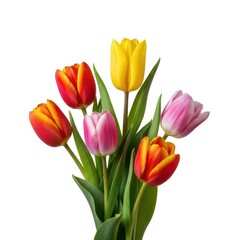 Fototapeta premium Simple, minimalist composition of several cheerful blooming tulips with green stems, isolated against a bright, pure white background, arrangement, background, bouquet