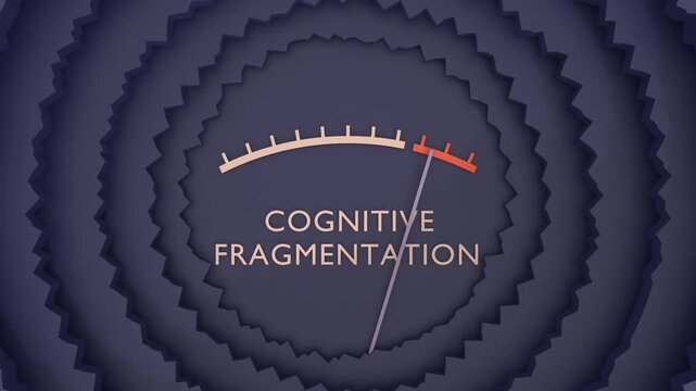 Cognitive fragmentation risk meter showing a very high level of disorder, overload of it, too much of it. Maximum value, off the charts. Mental degradation, fragmentation of human mind concept.