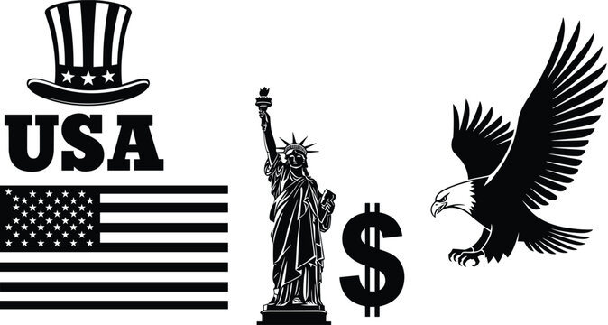 Patriotic American symbols set featuring bald eagle Statue of Liberty USA flag uncle sam hat and dollar sign for Fourth of July design.eps