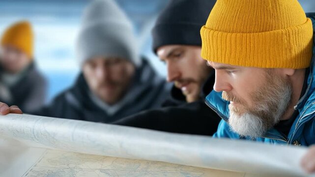 Exploration and Planning: A team of adventurers huddles closely around a map, deep in contemplation. They are immersed in the details, charting their course for the next great journey. 