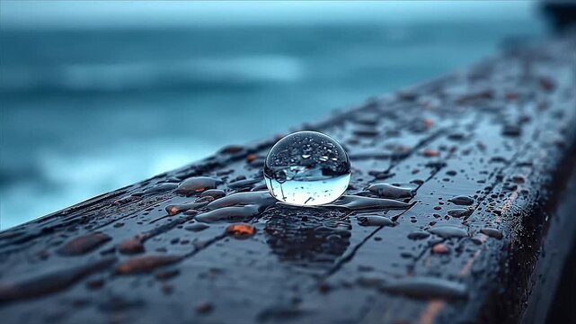 Clear glass ball on wet wooden pier railing with ocean background