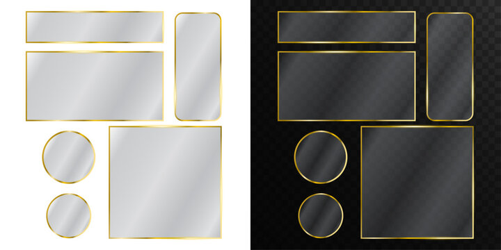 Gold photo frame with glass effect and golden glow on transparent background. PNG isolated glass banner and gold glass panel for luxury UI design and decorative projects.