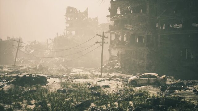 wild grass reclaiming sunwashed avenue between ruined buildings, abandoned cars half buried in vegetation, warm light and gentle atmosphere imply nature