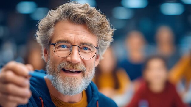 Enthusiastic Presentation: A confident middle-aged man with glasses, a beard, and stylish haircut, extending a pen towards the viewer, seemingly offering an insight or proposition.