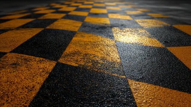 Checkerboard Pavement: A close-up view reveals a striking checkerboard pattern painted on the asphalt, with bold black and yellow squares. The contrasting colors create a dynamic visual effect.