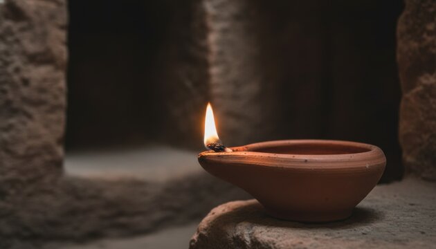 Simple Terracotta Oil Lamp with a Bright Flame Providing Warm Light on a Stone Surface