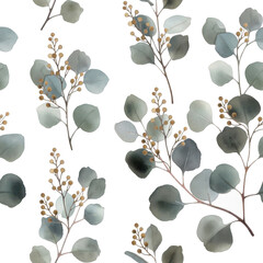 Watercolor Eucalyptus Seamless Pattern with Golden Berries © BloomPix