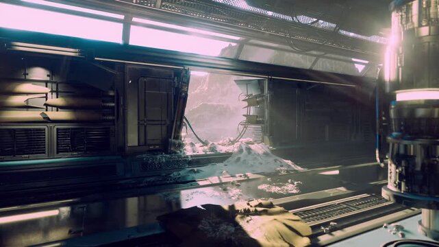 Bright ruptured station corridor leading inward toward massive hull opening, exposed cables and twisted consoles, floor littered with puddles and loose panels,