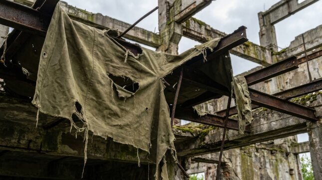 Weathered Textured Canvas Remnants in Ruined Industrial Structure with Concrete Beams and Steel