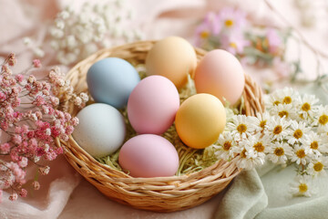 Colorful Easter Eggs in Basket with Spring Flowers Background