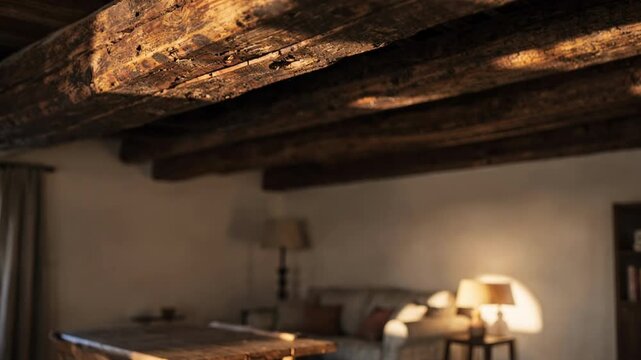 Medium shot capturing roughhewn exposed beams supporting the ceiling highlighting weathered textures against a defocused cozy room.