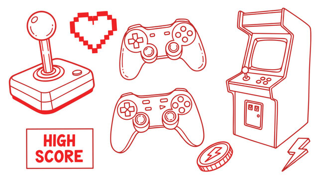 Retro arcade game elements including joystick, controllers, coin, lightning bolt, and high score text with pixel heart illustration