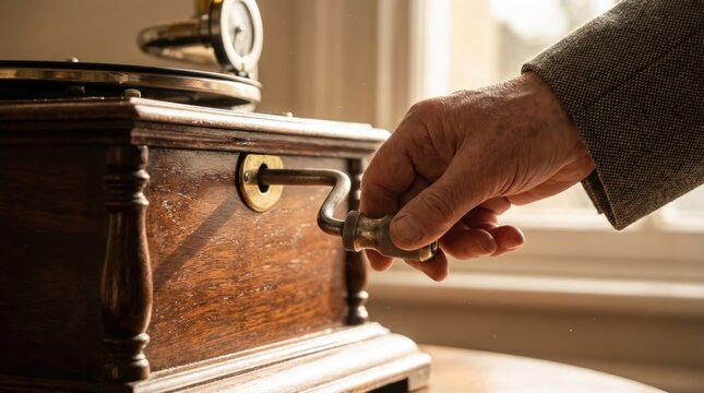 Elderly caucasian male hand cranking antique wooden gramophone by sunny window for vintage music experience
