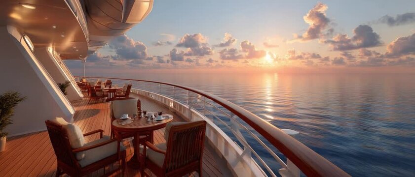 Seaside Serenity: A panoramic view from a cruise ship's deck, with a table set for two, framed against a breathtaking backdrop of a sunset over the tranquil ocean