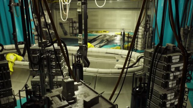 Industrial cable rack and teal curtains, tangled wiring bundles, hanging lights, pipework and connector modules, gritty workshop atmosphere, lowkey fluorescent